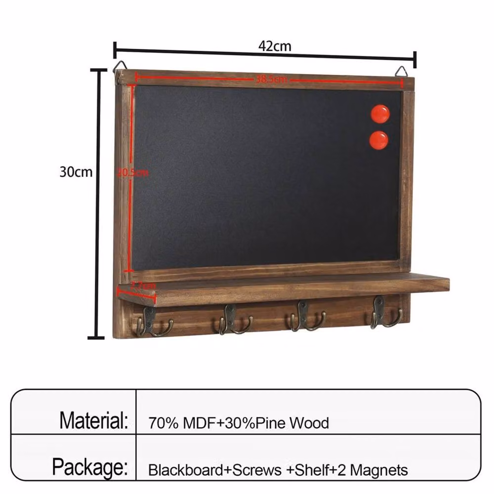 Havendro Large Rectangular Wooden Chalkboard with 4 Hooks and Shelf in Black or Brown – 2