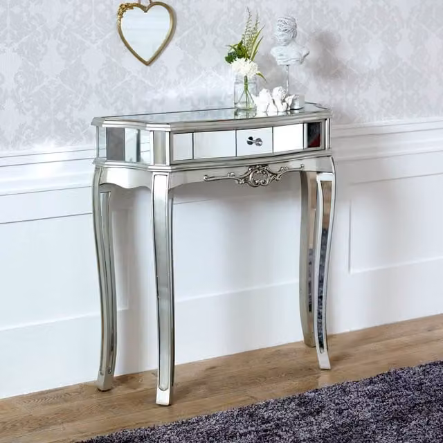 Melody Maison Tiffany Range Half Moon Mirrored Console Table in Silver – 1