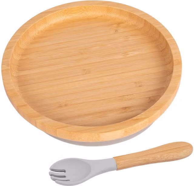Tiny Dining Bamboo Round Baby Weaning Plate and Fork Set in Grey