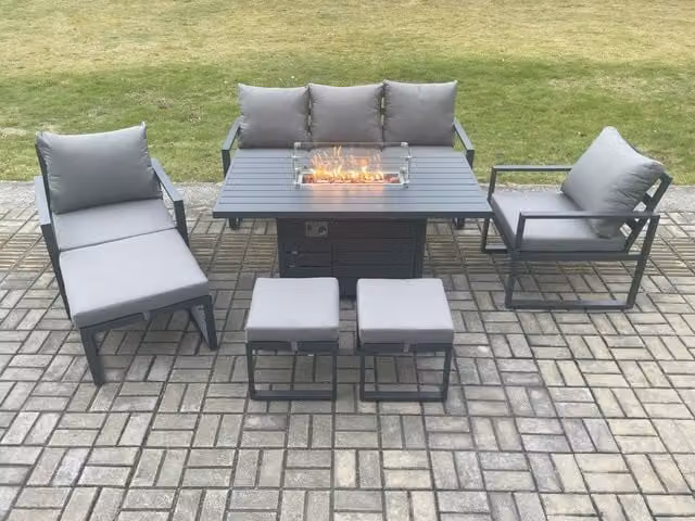 Fimous Aluminium Outdoor Lounge Sofa Set with Gas Fire Pit Dining Table and 3 Footstools in Dark Grey