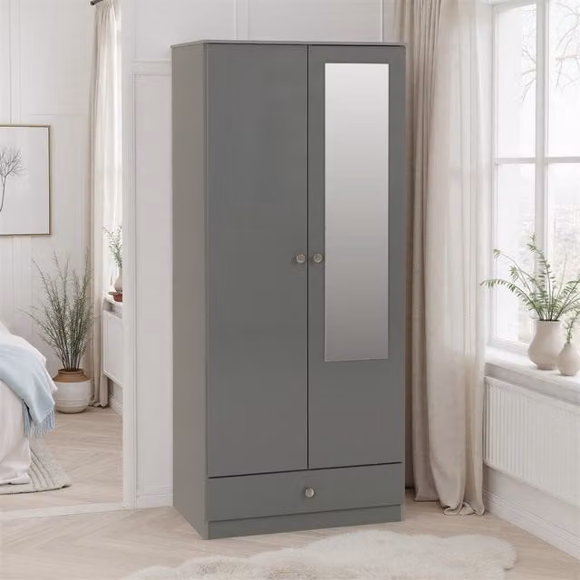 Seconique Denver 2 Door 1 Drawer Mirrored Wardrobe in Grey Gloss