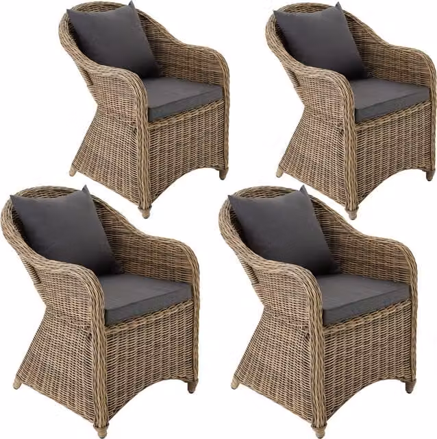 TECTAKE Set of 4 Modern Rattan Garden Chairs with Cushions in Brown and Yellow