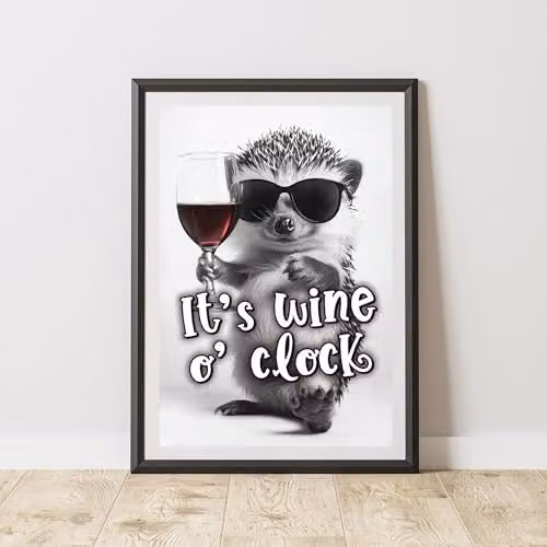 60 Second Makeover It's Wine OClock Funny Hedgehog Typography Wall Art Poster, Black and White, A3