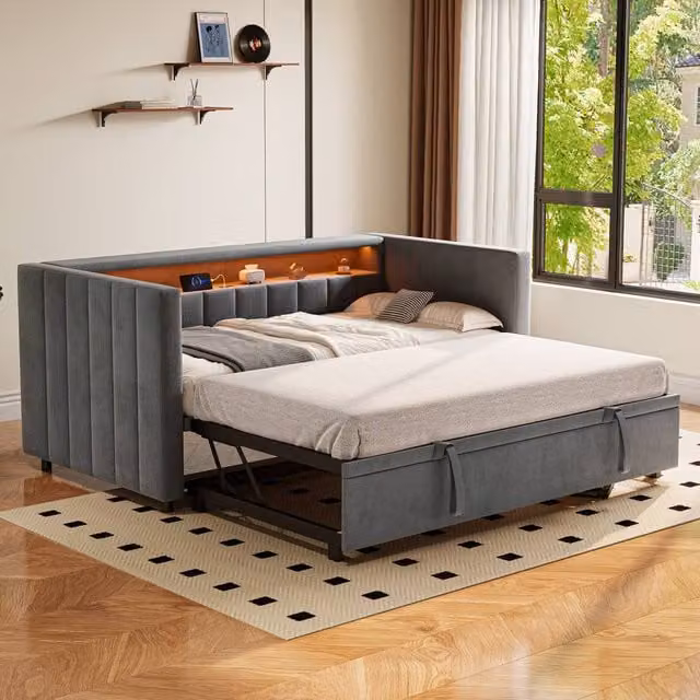 BTM Single Pull-Out Velvet Daybed with LED Lighting, USB-C Charging Port and Storage Drawers, Dark Grey, W/D/H: 190 x 90 x 73 cm – 1