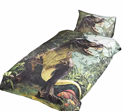Rapport Home Kids T-Rex Dinosaur Polycotton Duvet Cover and Pillowcase Set in Green, W/D/H: 135 x 200 cm – 1