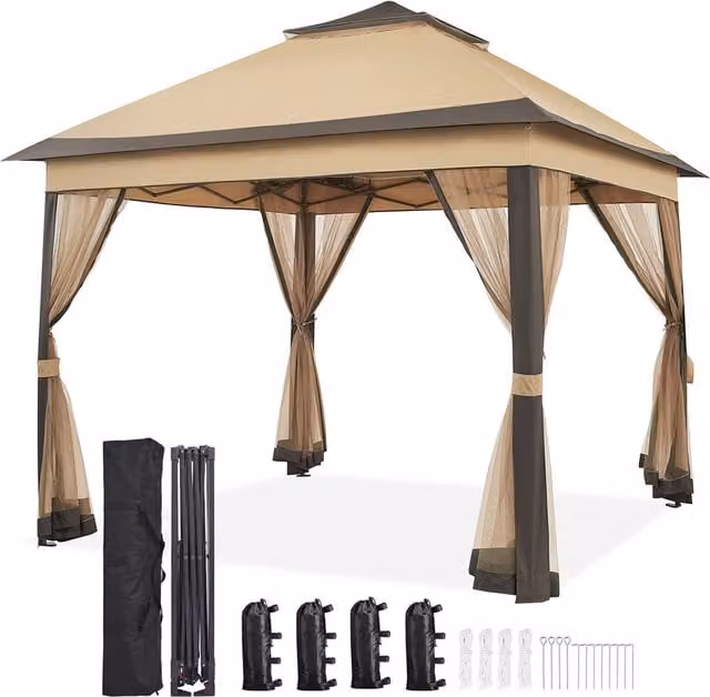 Yaheetech Pop Up Gazebo with 4 Mesh Sidewalls in Khaki, W: 330 cm, D: 330 cm, H: 271 cm
