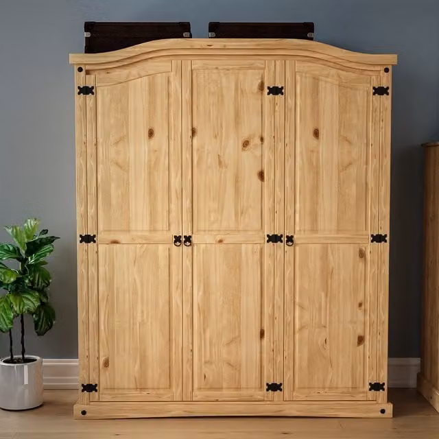 Vida Designs Rustic Pine Wardrobe with Hinged Doors and Internal Shelving in Brown and Black
