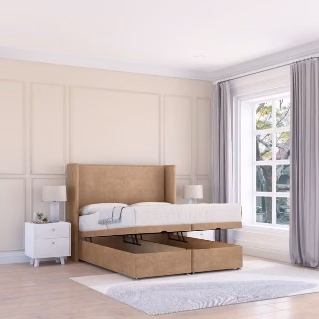 Sloomy Devonshire Naples Fabric Ottoman Bed with Sprung Memory Mattress and Winged Floorstanding Headboard, Beige, W/D/H: 180 x 200 cm, King Size