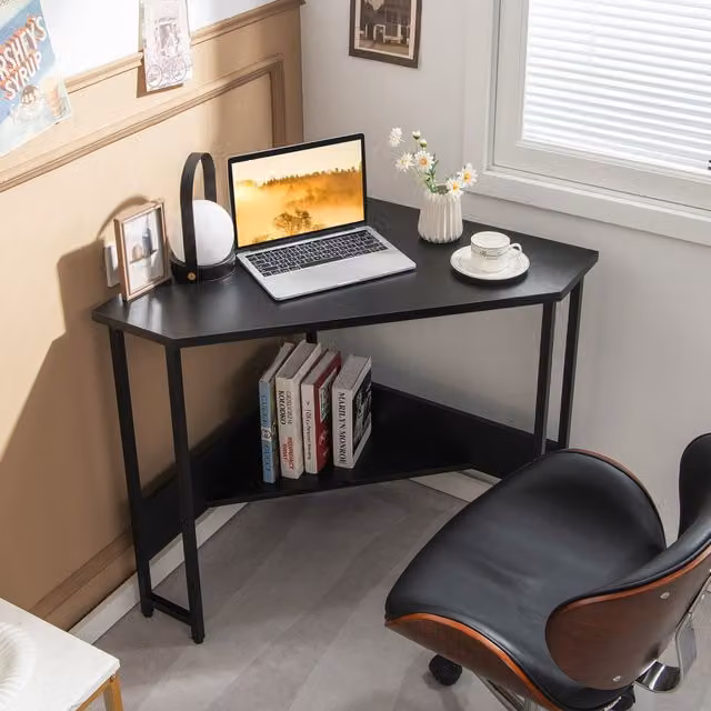 Costway Modern Triangle Corner Desk with Power Outlet in Black