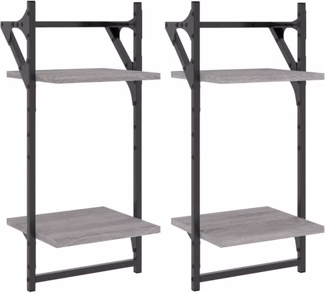 Berkfield Home 2-Tier Wall Mounted Shelves with Bars, 2 Pieces, Grey Sonoma, W/D/H: 30 x 25 x 65 cm