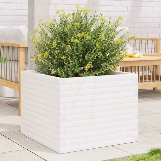 Berkfield Home White Solid Wood Pine Garden Planter Tub W: 60 cm, D: 60 cm, H: 46 cm
