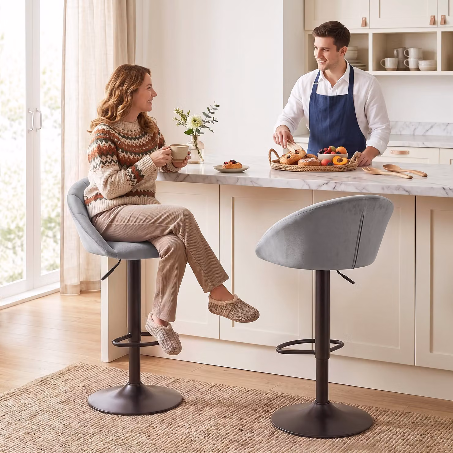 HOMCOM Modern Grey Velvet Swivel Counter Stool with Backrest – 2