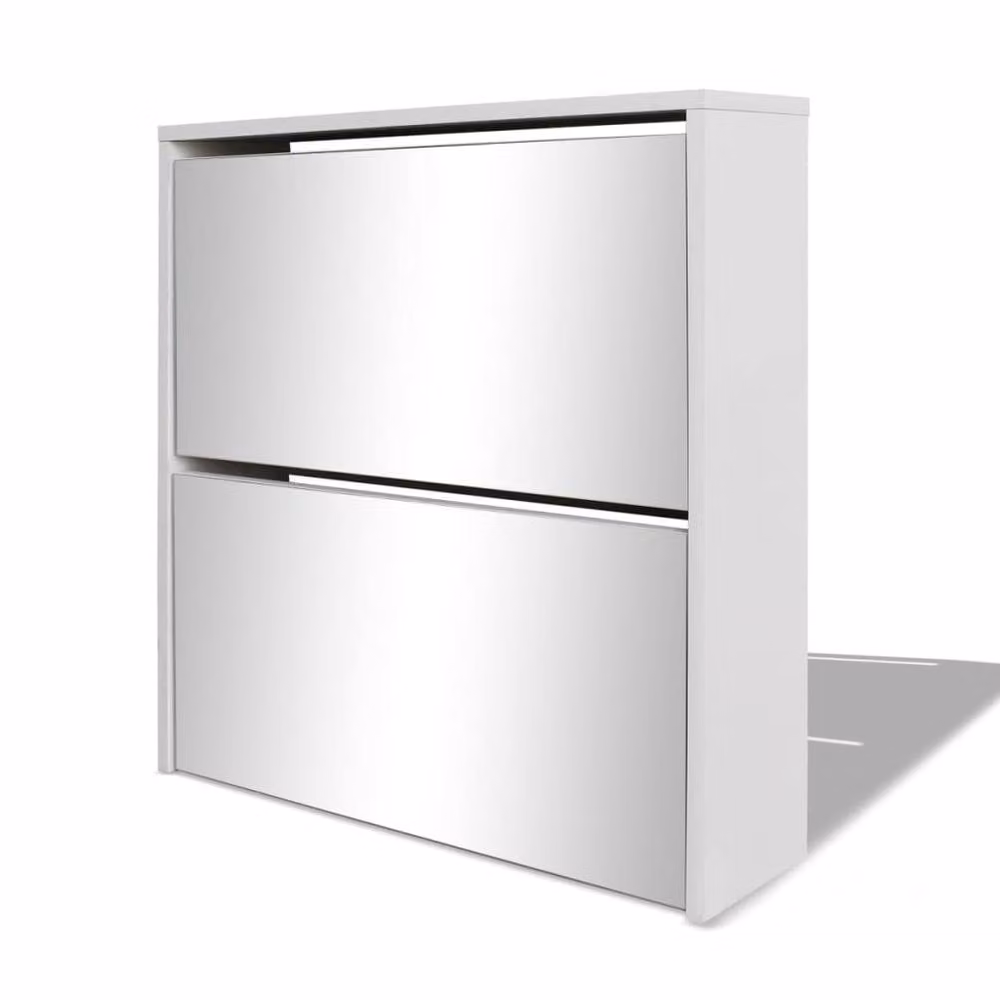 Berkfield Home 2-Layer White Mirror Shoe Cabinet with Tilting Compartments, W/D/H: 63 x 17 x 67 cm – 2