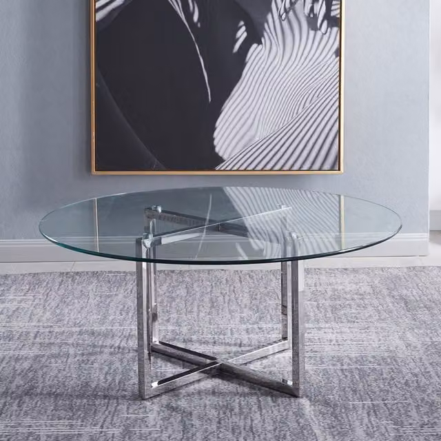 Livingandhome Modern Round Transparent Glass Coffee Table with Silver Metal X-Frame Base