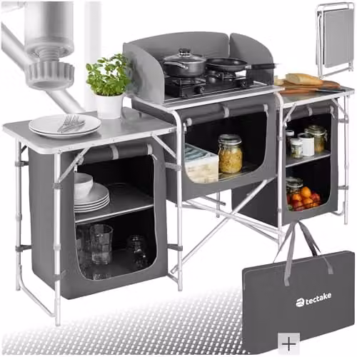 tectake Portable Camping Kitchen in Grey with 5 Internal Shelves, Heat-Resistant Worktop and Aluminium Frame, W/D/H: 104 x 52 x 52 cm – 1