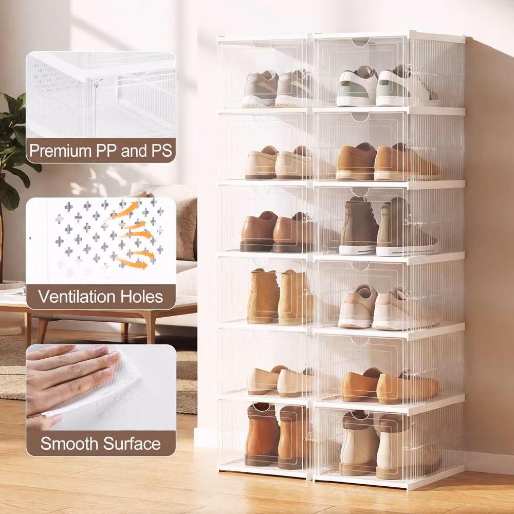 Gymax 2-Pack 6-Tier Folding Shoe Rack Organizer in White with Transparent Tilting Compartments – 2