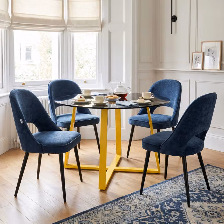 DHS Kyvon Round Tinted Glass Dining Table Set with 4 Chairs in Blue and Gold