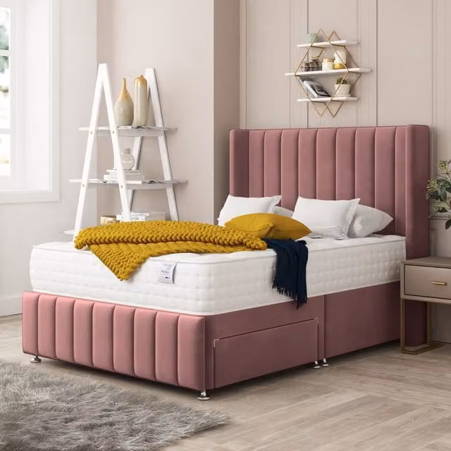 Bed Choices Brisbane Pink Velvet Upholstered Divan Bed with 2 Drawers, Mattress and 54 inch Headboard, W/D/H: 200 x 180 x 152.4 cm