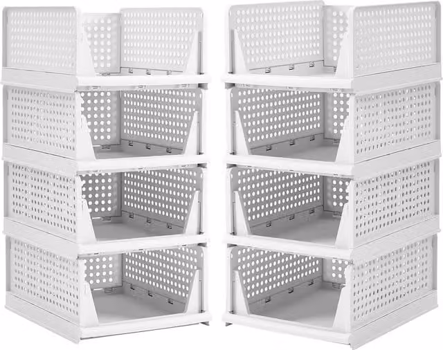 Livingandhome Set of 8 Foldable and Stackable Plastic Wardrobe Drawer Organisers, White