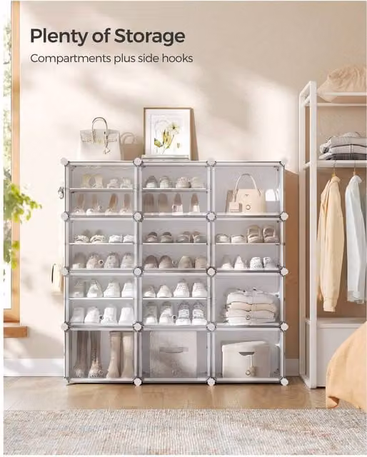 SONGMICS Modular Shoe Storage Cabinet with Glass Doors and Ventilation, White