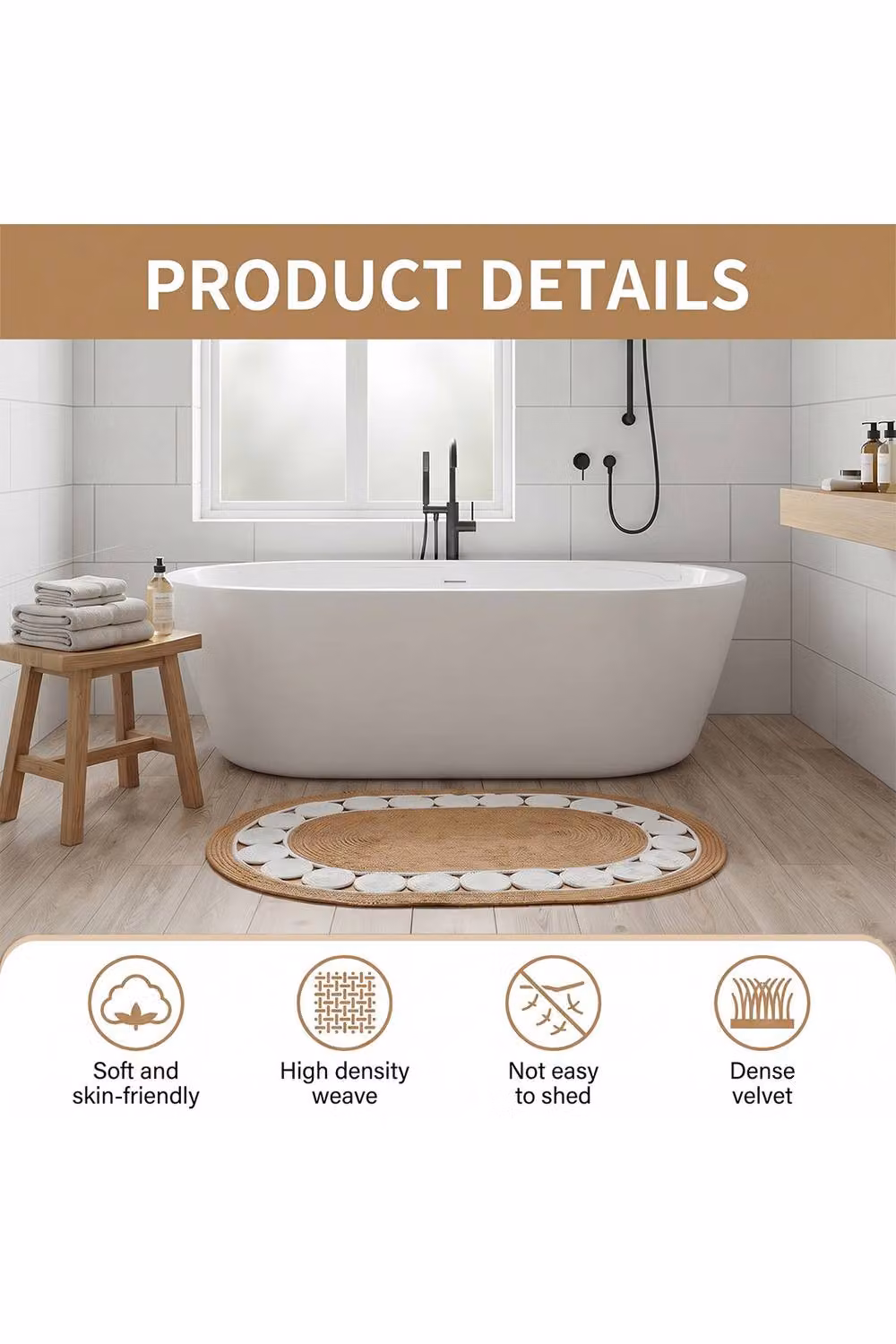 Living and Home Reversible Braided Oval Jute Area Rug in Brown and White, W: 120 cm, D: 80 cm – 2