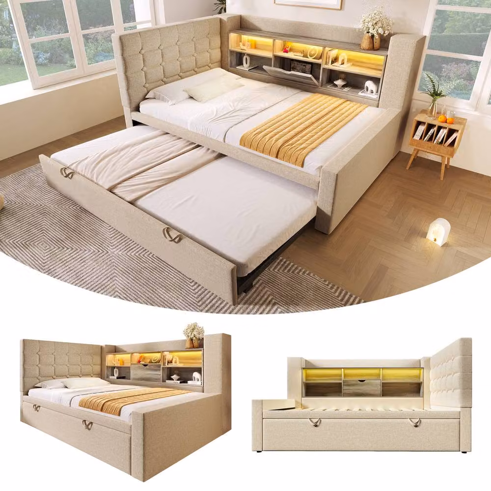BTM Single Daybed with Storage Trundle and USB Charging Port, Beige Upholstered Fabric Bed, W/D/H: 190 x 90 x 63.5 cm – 5