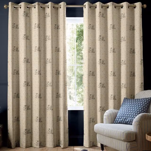 Emily Bond Millie Made to Measure Blackout Cotton Curtain Panel in Indigo Blue and Beige with Eyelets