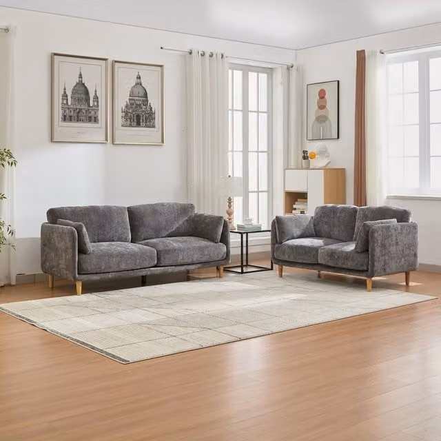 FURNITURE ONE Grey Velvet Upholstered Sofa Set with 2-Seater and 3-Seater Sectional Couches – 1