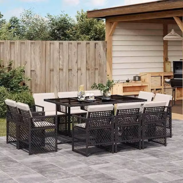 Berkfield Home 11 Piece Garden Dining Set with Black Poly Rattan and Cushions