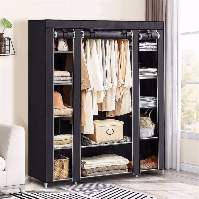 VOGREX Black Fabric Wardrobe with Hanging Rod and Roll Shutter