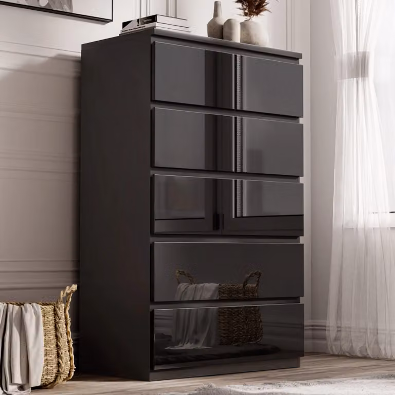 DHS High Gloss 5 Drawer Tall Chest of Drawers in Black