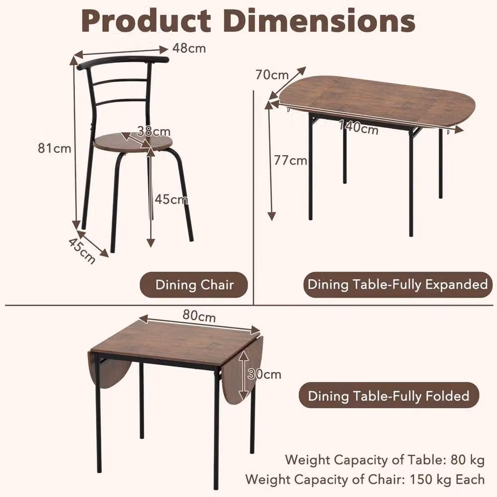 KORVIXA 3 Piece Industrial Drop Leaf Dining Set in Brown and Black, W: 100 cm, H: 77 cm – 2