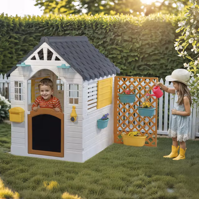 Dolu Everyday Garden Playhouse with Accessories in White, Grey and Yellow