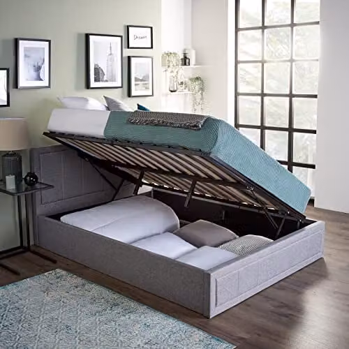 Home Treats Grey Fabric Upholstered Side Lift Up Ottoman Bed Frame Double W/D/H: 140 x 200 x 42 cm – 1