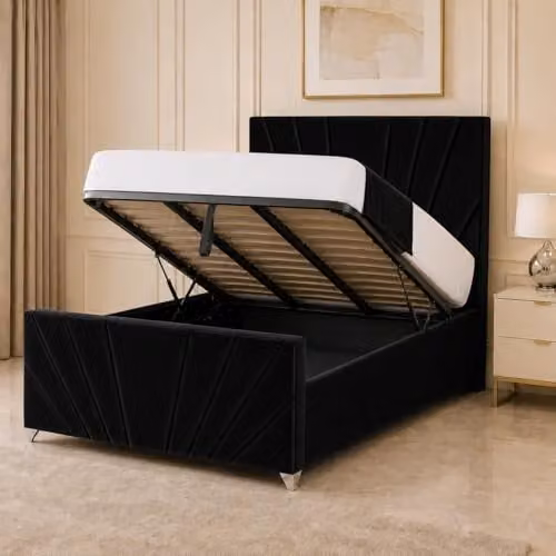 Living Comfort Bedz Sunrise Bed in Black Plush Velvet with Gas Lift Base, W/D/H: 180 x 150 x 127 cm