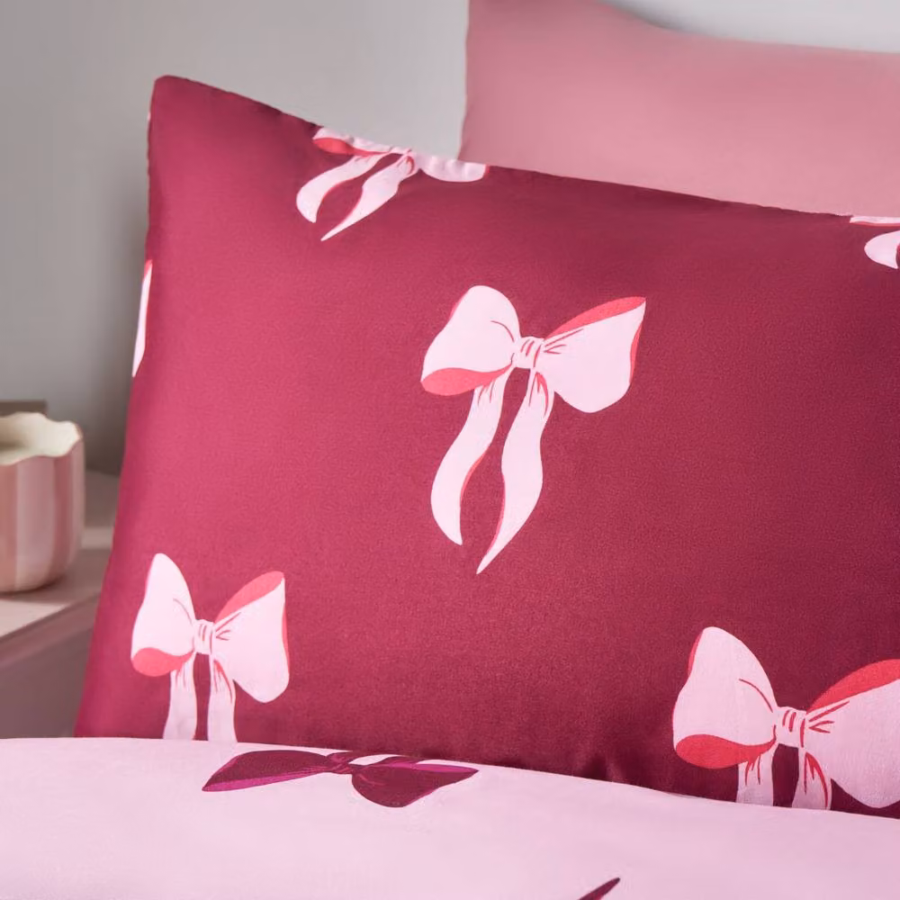 OHS Reversible Microfibre Bow Bedding Set with Duvet Cover and Pillowcase, Pink and Red, W/D/H: 200 x 200 x 200 cm – 8