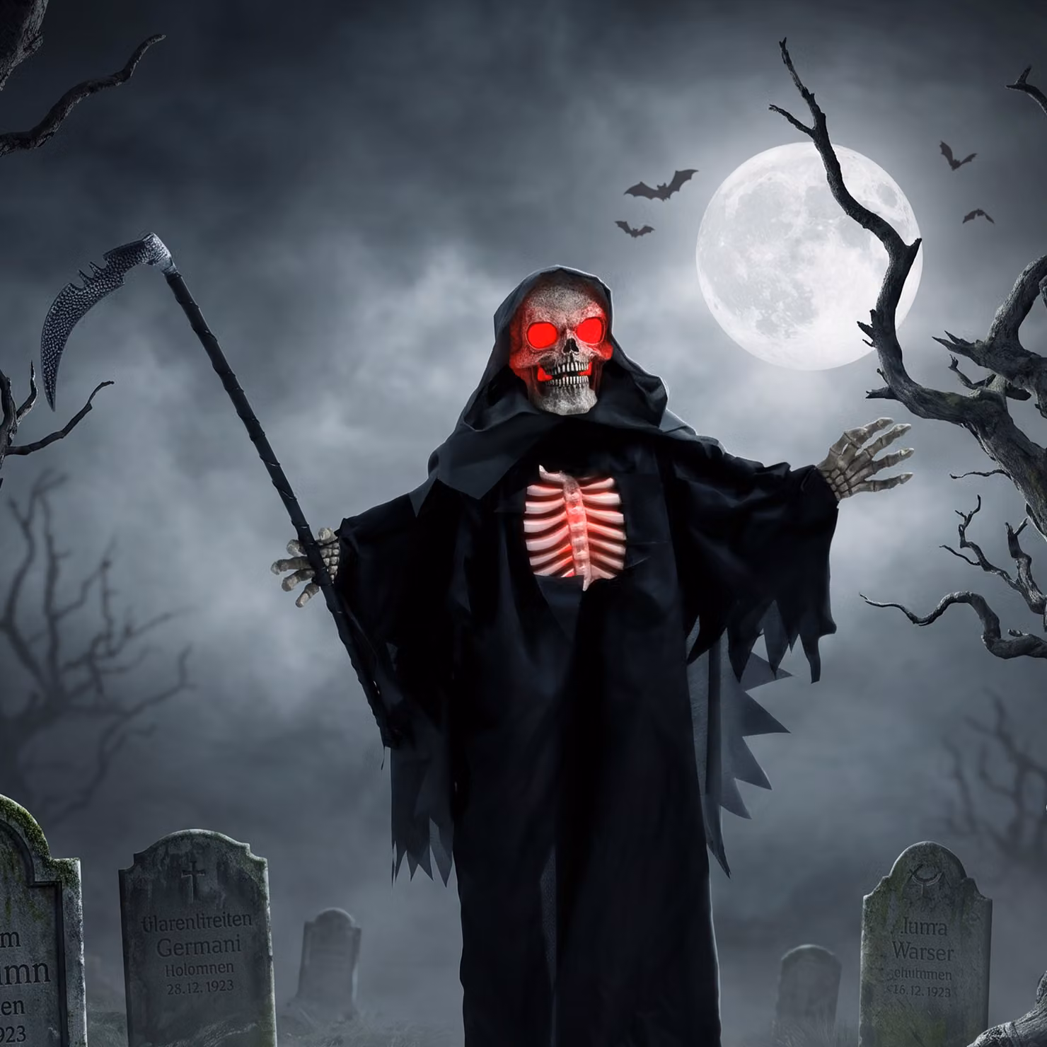 HOMCOM 170cm Life Size Animated Grim Reaper Halloween Decoration with Sound and Touch Activation in Red and Black – 7