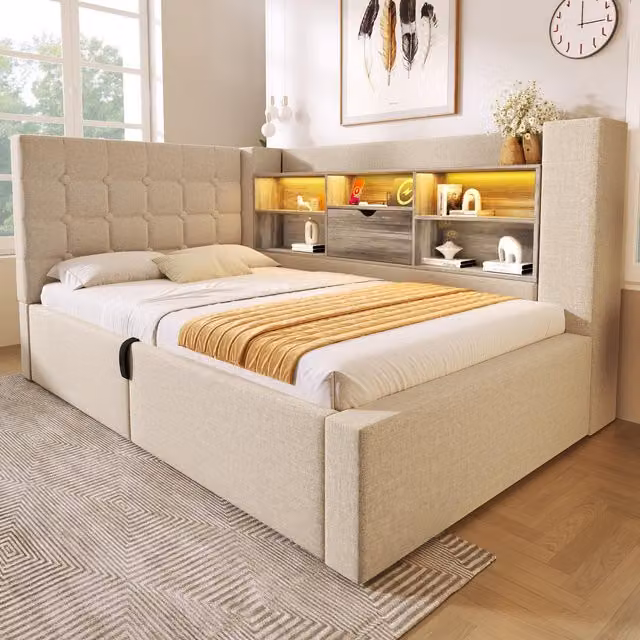 Aosom UK Beige Linen Upholstered Daybed with Hydraulic Under-Bed Storage, LED Lighting and USB Charging Port, W/D/H: 203 x 108 x 86 cm