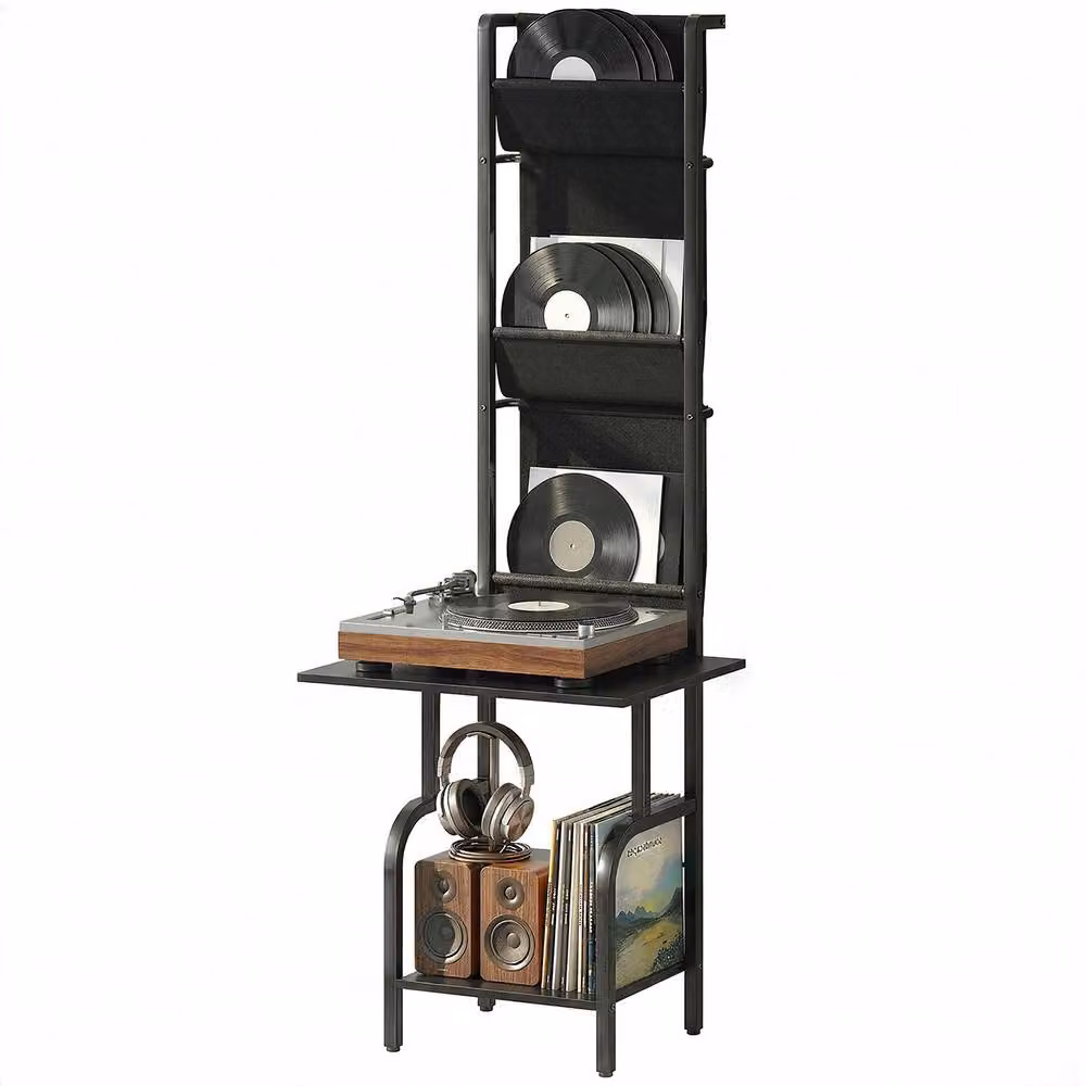 STILVORA Record Player Stand with Vinyl and CD Storage in Black, W/D/H: 144.0 x 50.0 x 48.5 cm – 3
