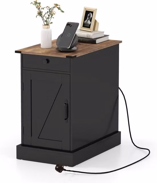 COSTWAY Black Rustic Wood Bedroom End Table with Integrated Charging Station