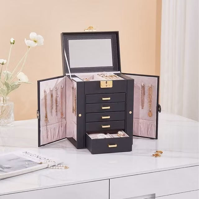 Livingandhome Large Faux Leather Jewellery Storage Box with Mirror and Handles in Black
