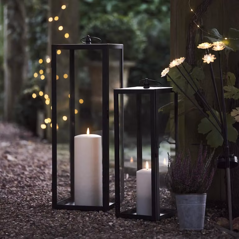 Lights4fun Bowen Black Metal Garden Lantern Duo with Waterproof LED TruGlow Pillar Candles and Remote Control