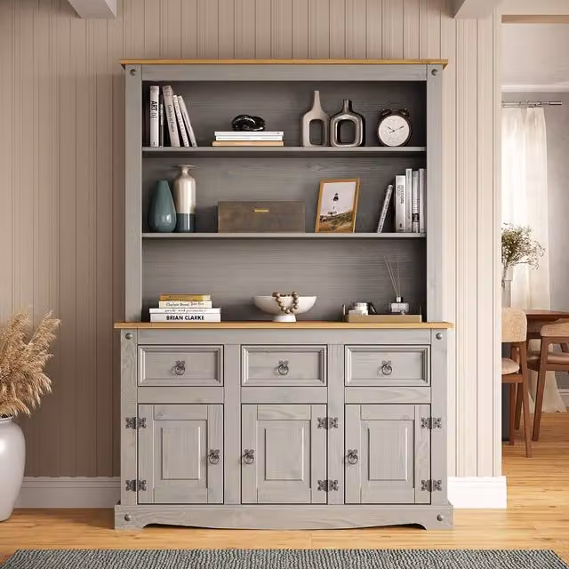 Mews Corona Sideboard with Hutch Welsh Dresser Top in Grey Waxed Pine