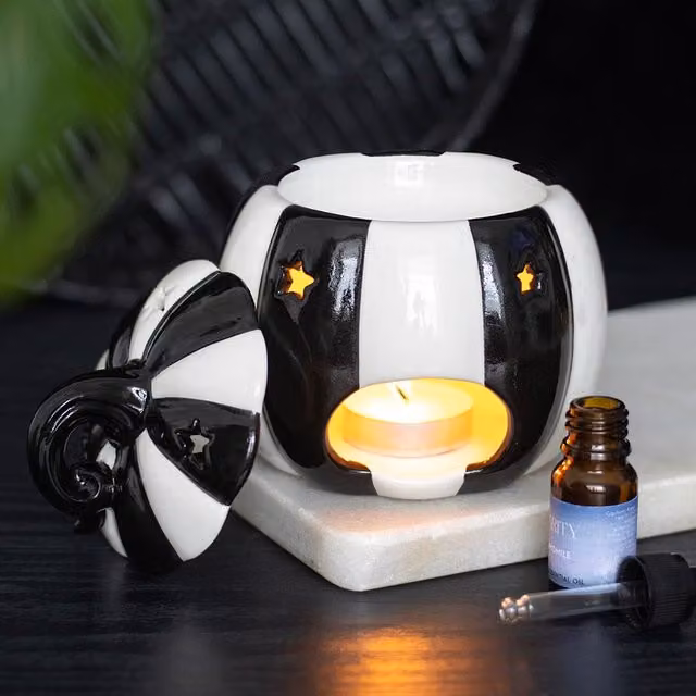 Kingsbury Gifts Black and White Striped Ceramic Pumpkin Oil Burner and Tealight Holder
