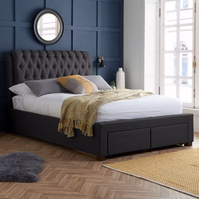 Birlea Valentino Upholstered Fabric Storage Bed Frame with Drawers, Grey, W: 140 cm, D: 200 cm, H: 74 cm – 1
