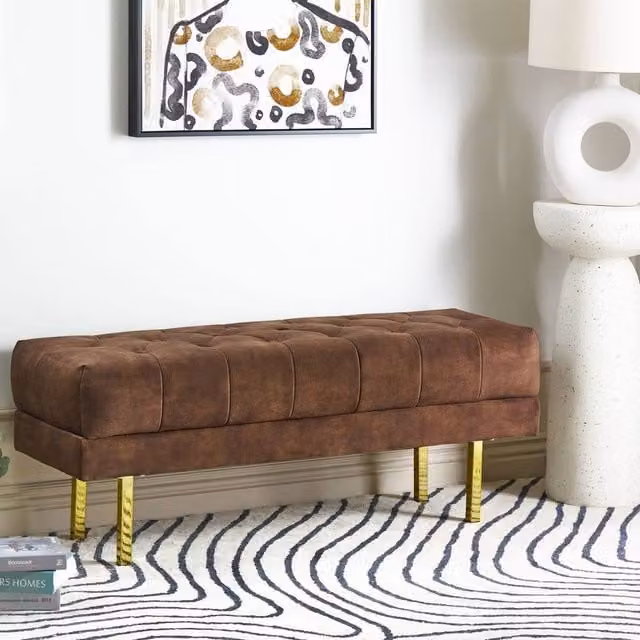 Wyld and Coco Brown Velvet Tufted Bench with Gold Legs, W: 117 cm, D: 40 cm, H: 44 cm