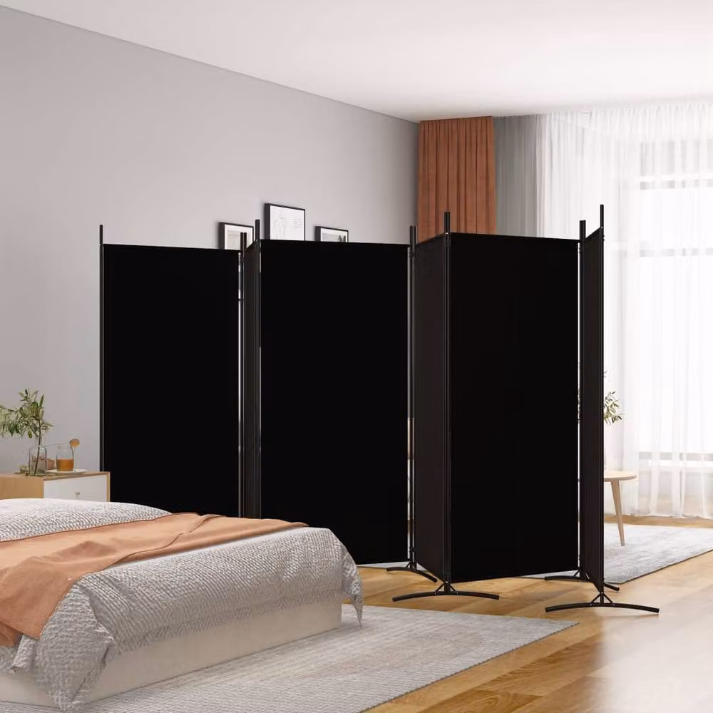 Berkfield Home 6-Panel Durable Room Divider in Black Fabric and Matt Metal, W: 520 cm, H: 180 cm – 2