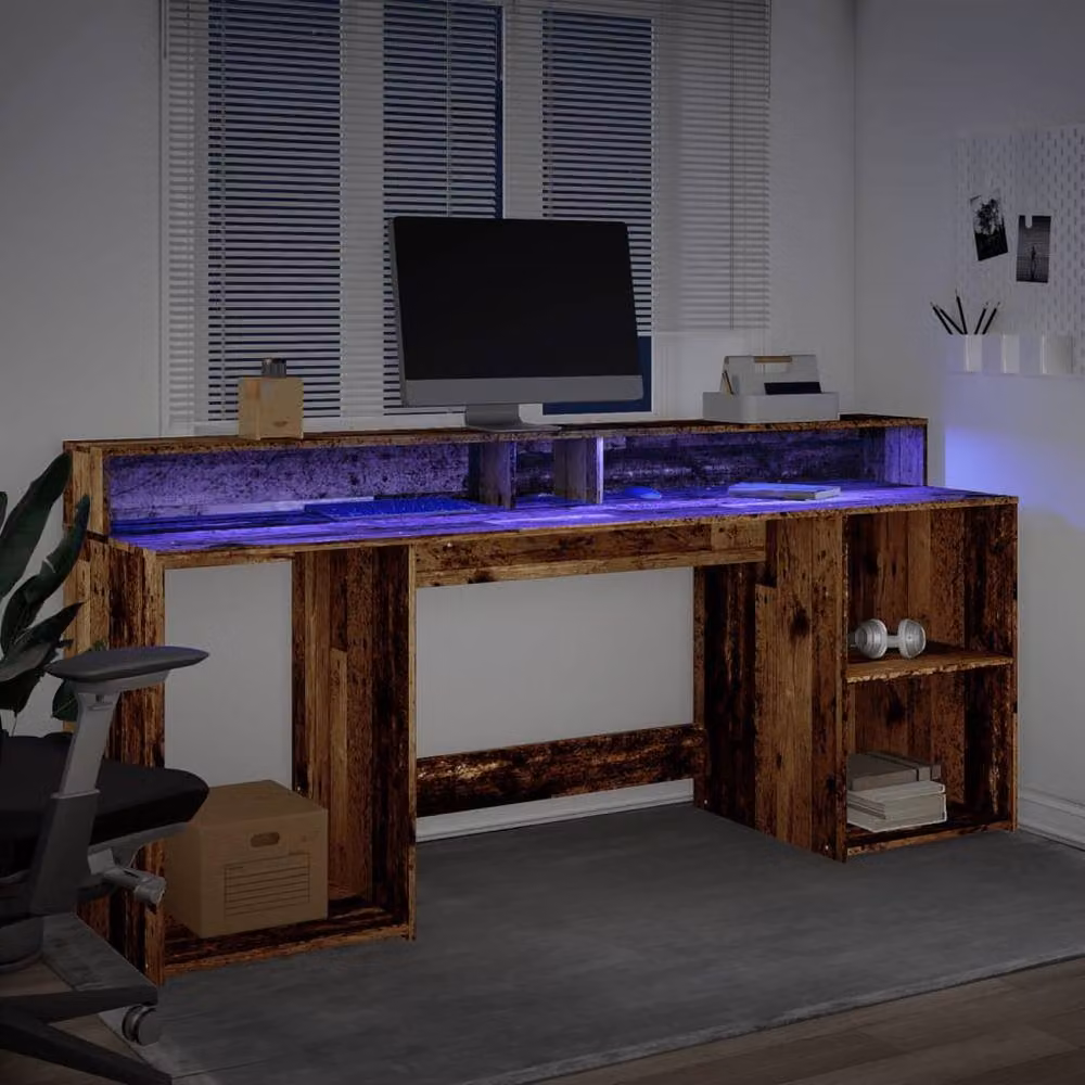 Berkfield Home Soft Desk with LED Lights in Old Wood Brown, W/D/H: 200 x 55 x 91 cm – 4