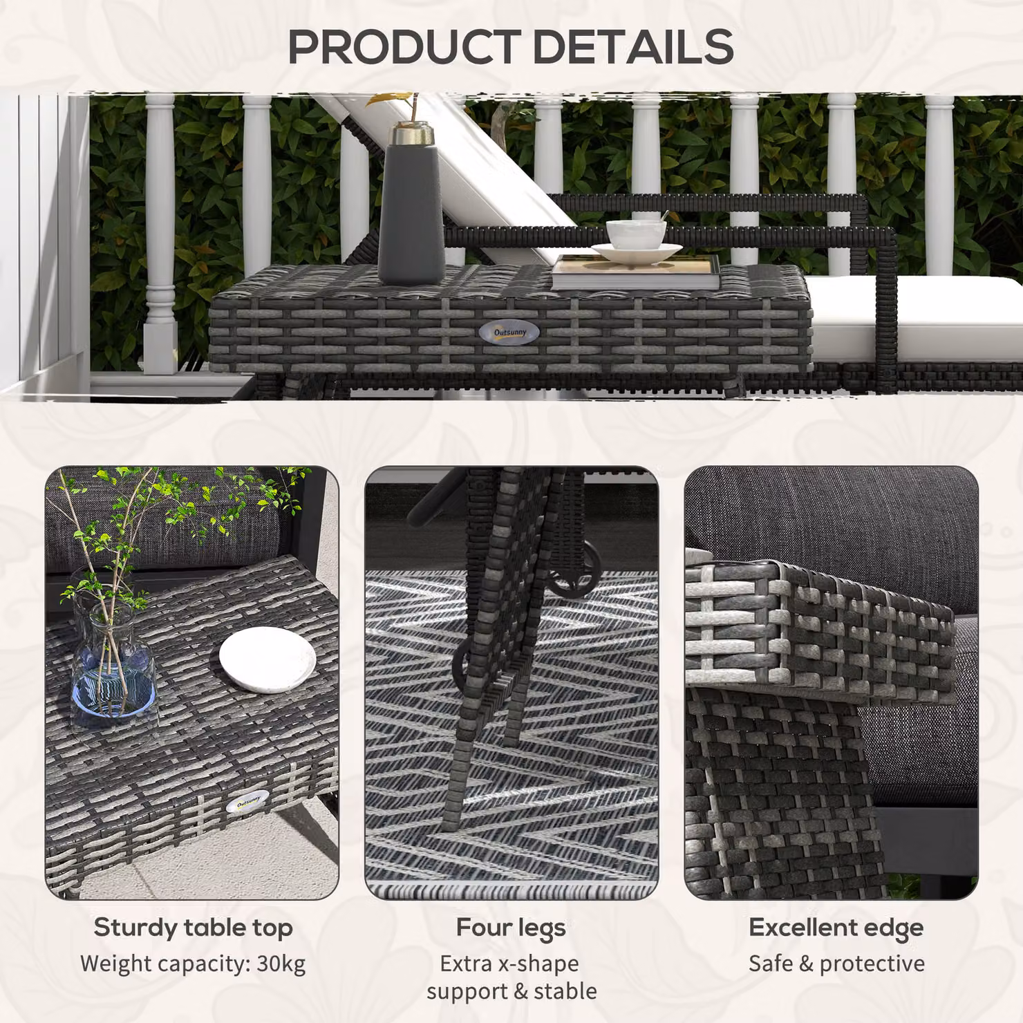 Outsunny Rattan Coffee Table with Foldable Metal Frame in Mixed Grey – 7