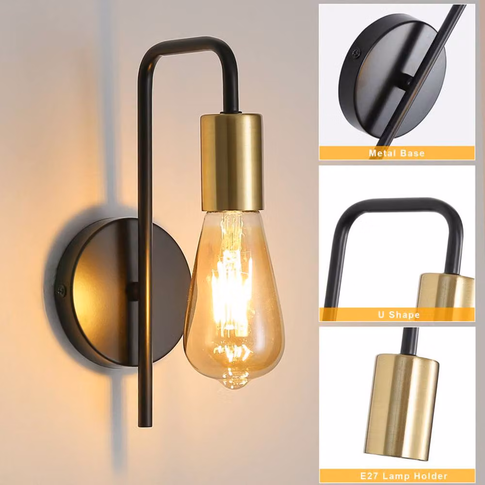 COMELY 2 Pack Vintage Industrial Wall Lights in Black and Gold/Brass with E27 Glass Shades – 7